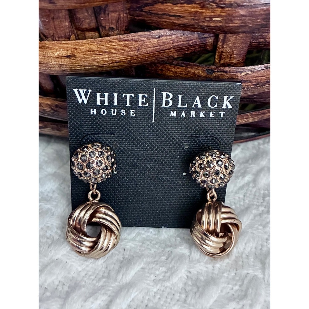 White House Black Market Gold Rhinestone Knot Double Drop Earrings WHBM